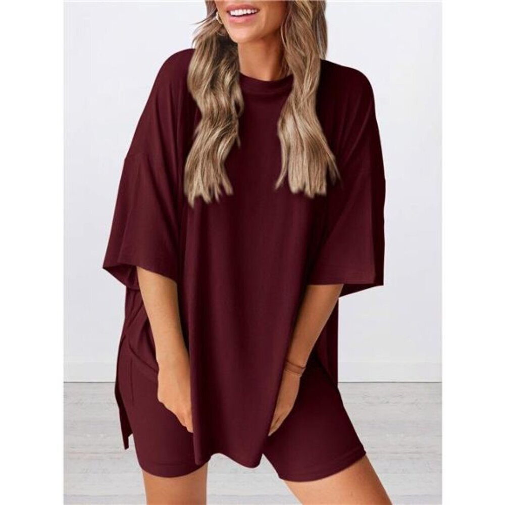 Full Size Relaxed Fit Round Neck Top and Shorts Two-Piece Set Plus Size